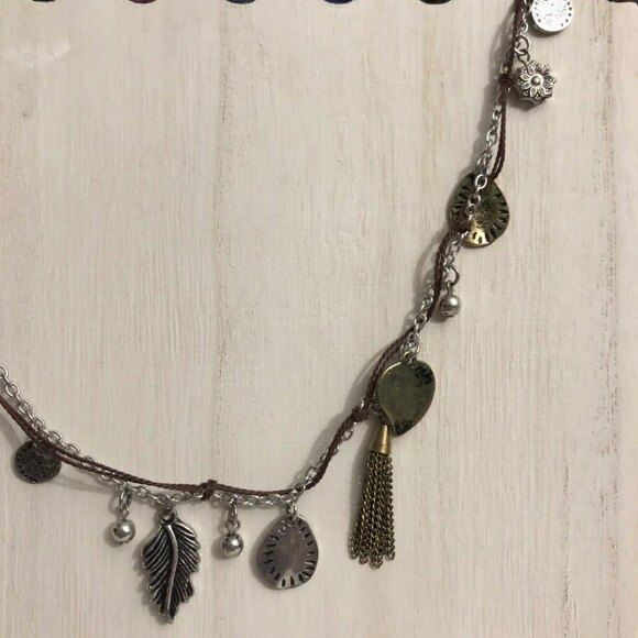 Long Charm Necklace & Teardrop Pierced Earrings Silver Gold - Picture 5 of 7